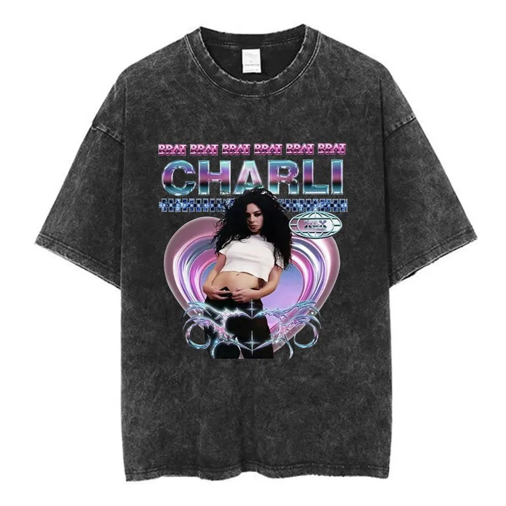 Charli Xcx Brat Arena Tour Washed T Shirts Men Women Fashion Pop Music Tshirts Cotton Vintage Tshirt Oversized Streetwear