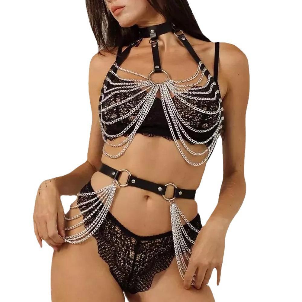 Fashion Women Body Harness Sexy Leather Lingerie with Chain Bra Bondage Suspender Harness Fetish Goth Exotic Clothing Accessorie