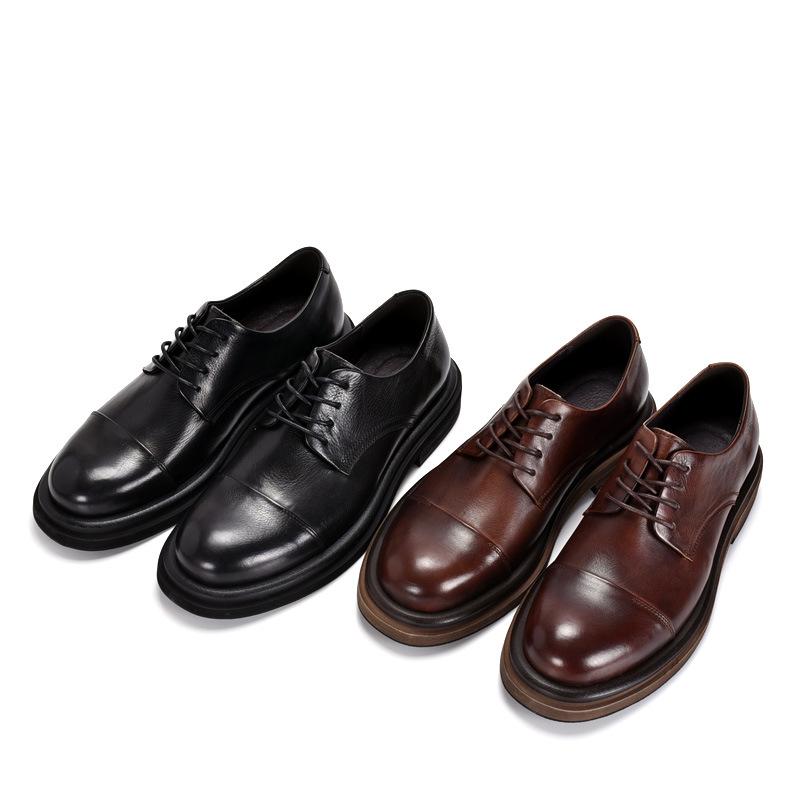 Men's Retro Handmade Genuine Leather Derby Shoes – Thick Sole, Three-Piece Toe, Perfect for Weddings and Formal Business Events