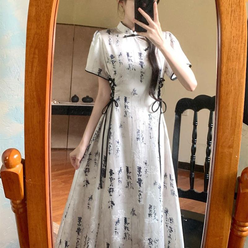 Summer Vintage Stand Collar Bandage Lace Up Dress Ladies Elegant Fashion Hollow Out A-line Robe Women Y2K Short Sleeve Vestidos
