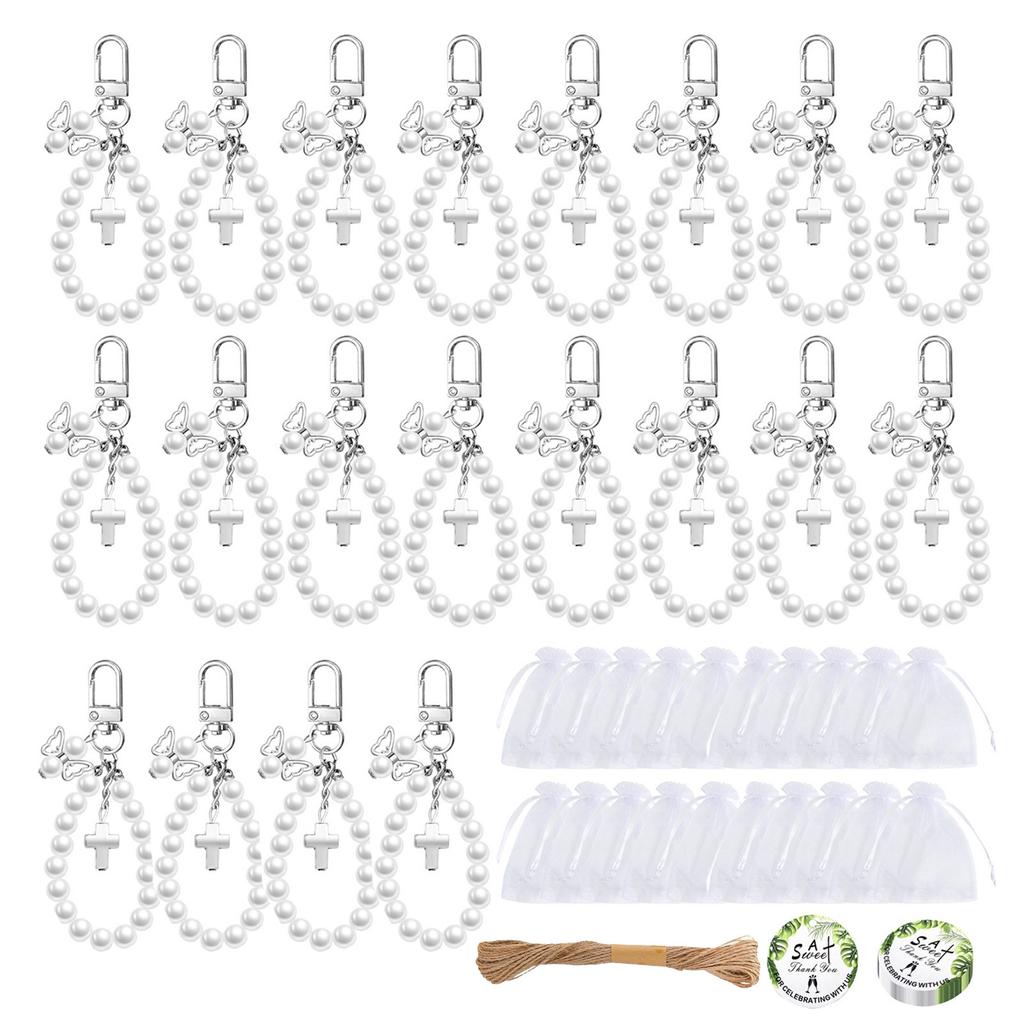 Pack Of 20Sets Pearl Cross Keychain Gifts With Organza Bags For Weddings Baptism Parties Baby Showers Guest Favors