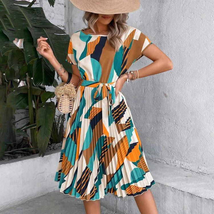 

Summer Women Round Neck Pleated Dress Medium Long Short Sleeve with Belt 6XL