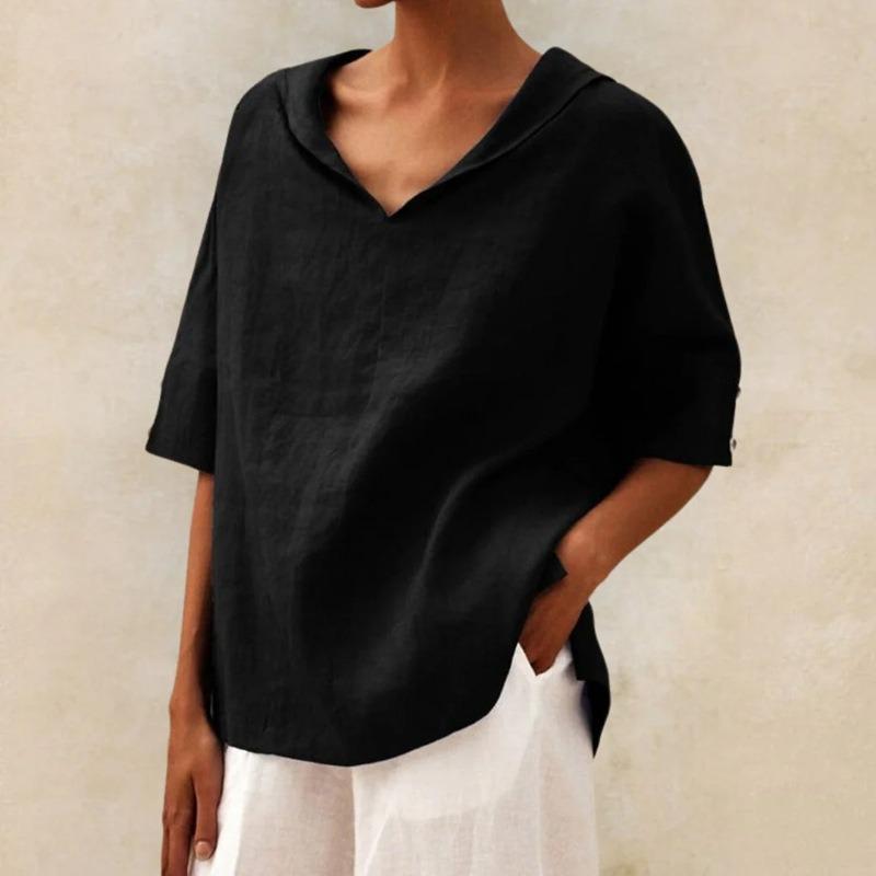 QICED Women's Fashion Casual Solid Color Print Short Sleeve V Neck Blouses & Shirts