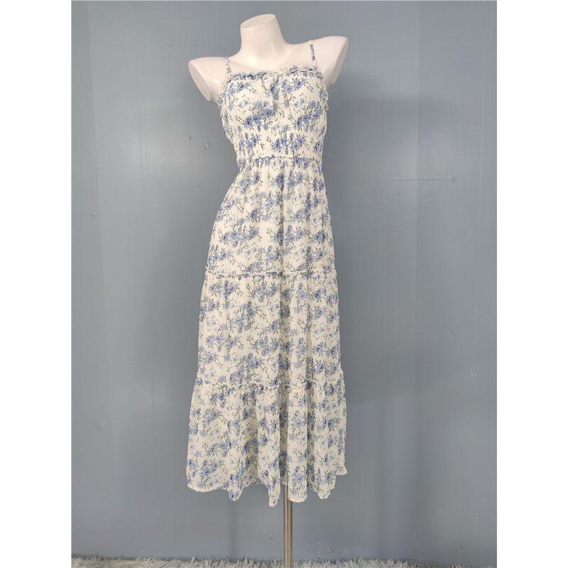 

Заказ внешней торговли Французский стиль Слинг Изысканный принт Удобный Отпуск Леди Большой подол Островной отдых Милое платье Длинное платье Blue and White Flowers XS