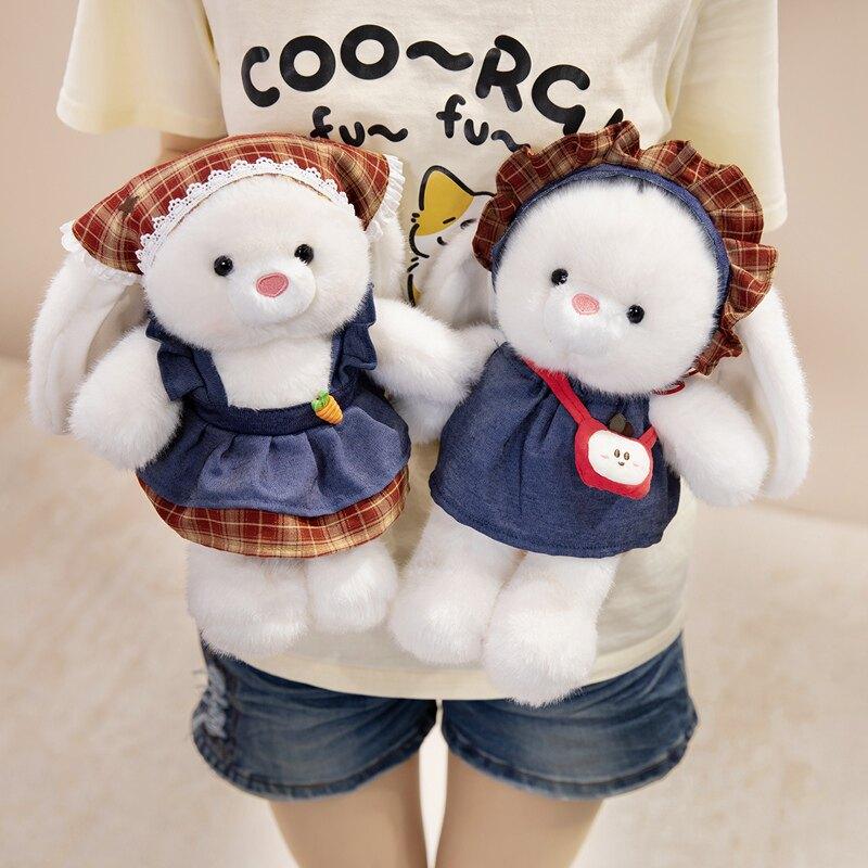 Sweet Sen Mi Dou Rabbit Plush Toy with Bib Apple Outfit Stuffed Bunny Doll for Kids Girls Gift Pink 20cm