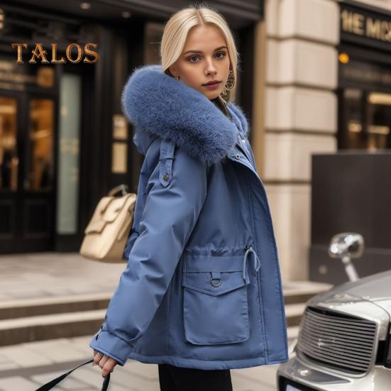 Winterjacke aus Baumwolle für Damen, pelzige Kapuze, verdickter Plüsch, lange Ärmel, elastische Taille, Taschen, Reißverschluss, Mantel, mittellang, winddicht, warm, Daunenmantel