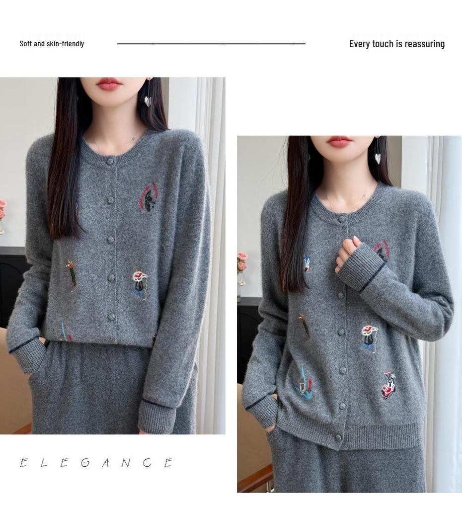 2026 Autumn/Winter Women's Loose Round Neck Cartoon Embroidery 100% Wool Cardigan