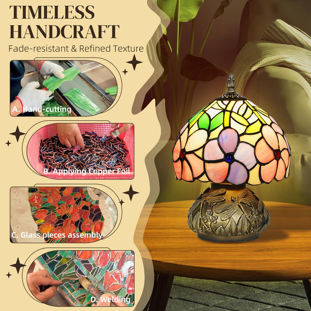 Tiffany-Style Table Lamp with Sculpted Dragonfly Base, Handcrafted Antique Stained Glass Bedside Lamp for Living Room and Bedroom, E27 Socket, Pink