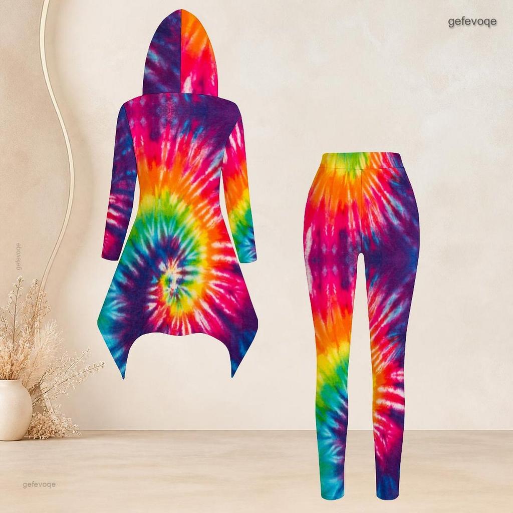 Women Plus Size Hooded Long Sleeve Printed High Low Top And Fitted Pants Two Piece Set