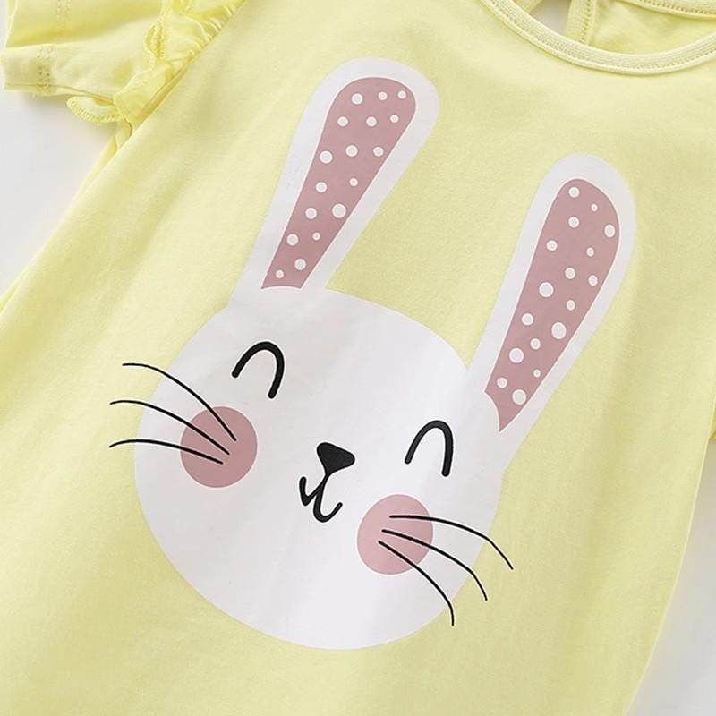 2025 Summer Girls' Comfortable T-Shirt New Short-Sleeve Stylish Little Rabbit European and American Style Top Round Neck Ruffled Edge 0-8 Years Old