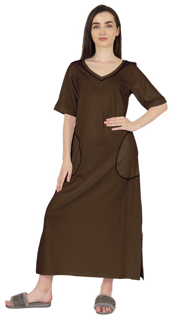 Inkmeso Solid Long Nightgown For Womens V-Neck Loungewear Casual Sleep Dress With