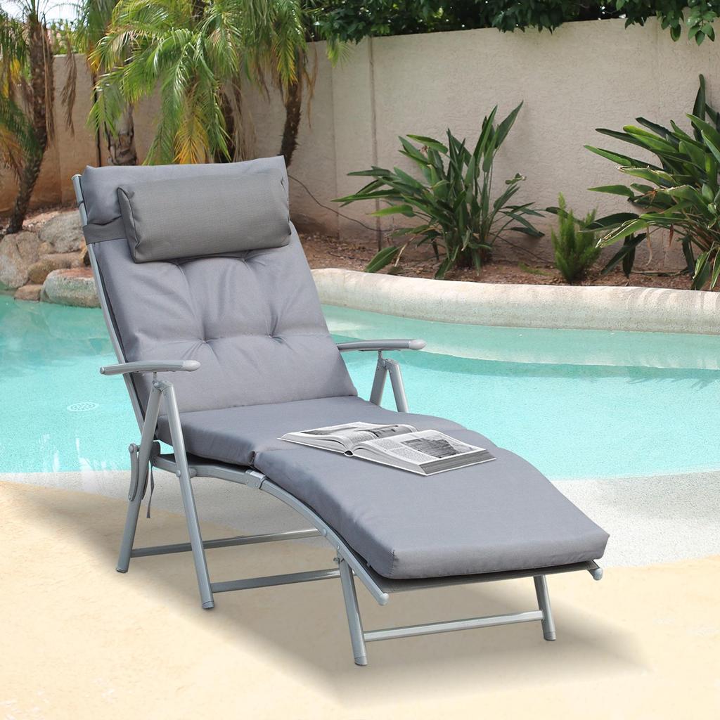 Patio Sun Lounger Garden Textilene Foldable Reclining Chair Adjustable Recliner with Cushion Pillow - Grey