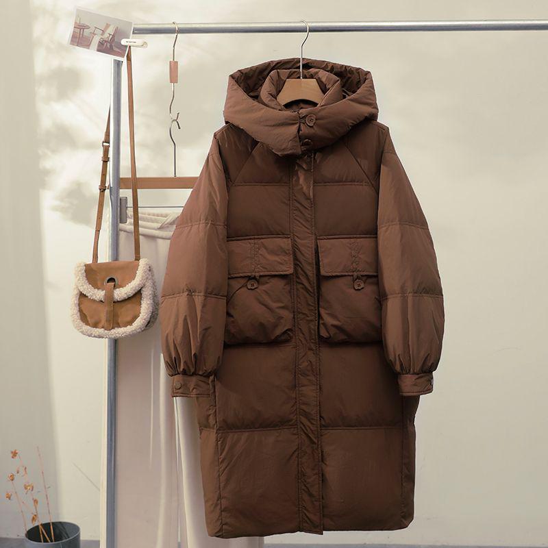 2024 Women's Mid-Length White Duck Down Hooded Winter Coat