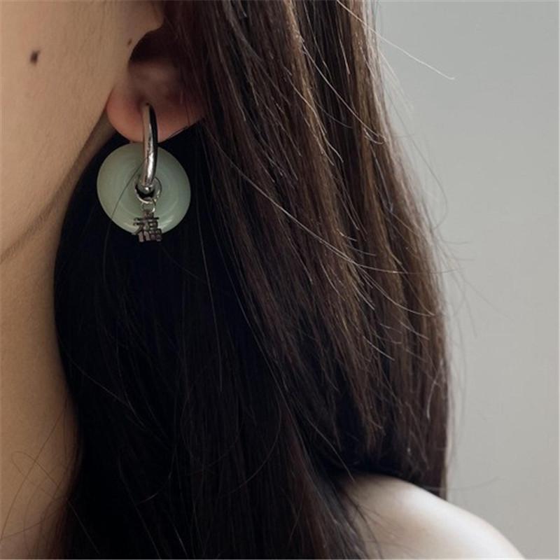 New Unique Green Jade Round Stainless Steel Hoop Earrings For Women Vintage Elegant Earclip Earrings Statement Jewelry