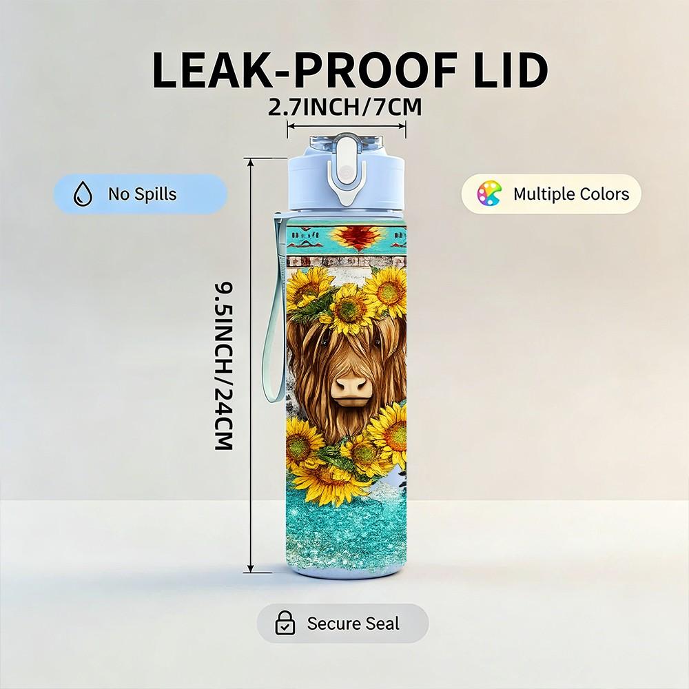 1PC Sunflower Highland Cow Farm Print 750ml Color Plastic Sports Water Bottle Leakproof Flip Straw Lid Suitable for Sports Office Home Use