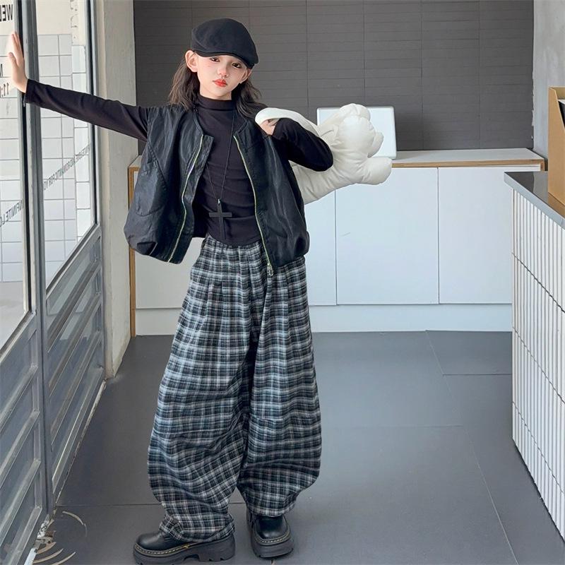 Girls' 3-Piece Autumn Set: Vest, Base Shirt & Plaid Pants for Big Kids (2025 Fashion)