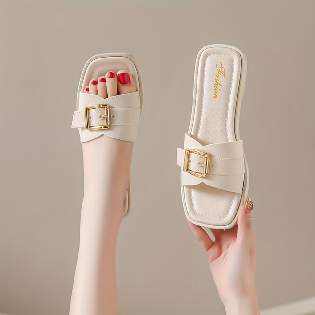Sandali da spiaggia estivi antiscivolo da donna con chiusura a fibbia quadrata - Scarpe casual con punta aperta per un piede, tomaia in PVC e sottopiede rivestito in sintetico