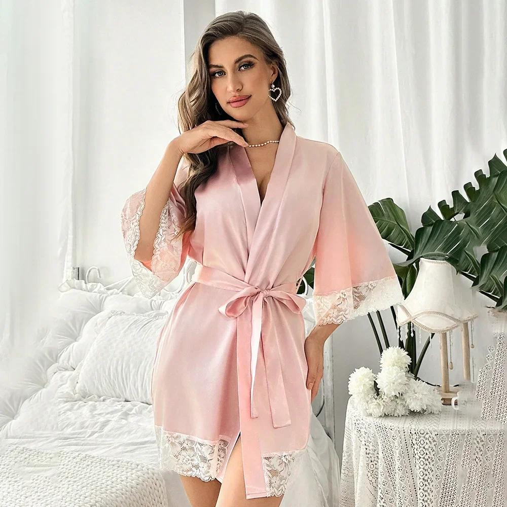 Women's Sexy Lace Bathrobe Pajamas Female Soft and Comfortable Solid Color Sleepwear V-Neck Bathrobe Pajamas
