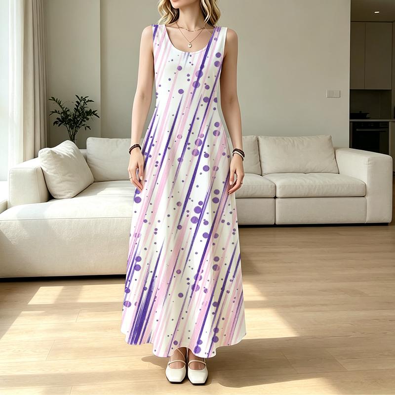 White Base Purple Pink Diagonal Brush Stripe Polka Dot Print Sleeveless Round Neck Maxi Dress, Loose Flowy Beach Vacation Long Dress For Women