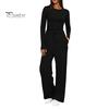 Long Sleeve Top Women Pants Set for Spring Fall, Slim Fit Crewneck Sweatshirt, Two Piece Sets Elastic Waist Loose Wide Leg Pants, Solid Color