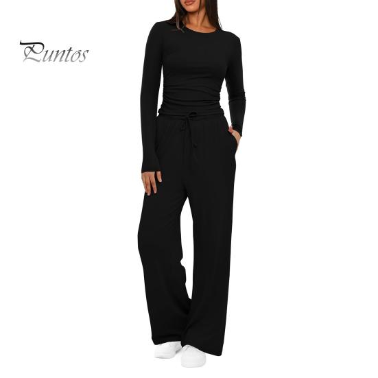 Long Sleeve Top Women Pants Set for Spring Fall, Slim Fit Crewneck Sweatshirt, Two Piece Sets Elastic Waist Loose Wide Leg Pants, Solid Color