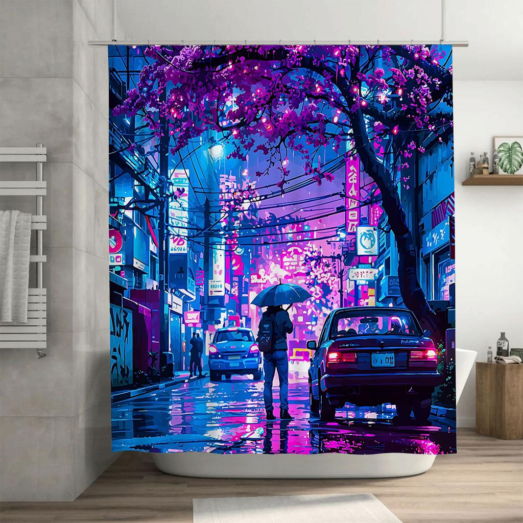 Cyberpunk Cityscape Shower Curtain Neon Lights Rainy Night Modern Bath Decor Waterproof Durable Easy To Install And Maintain