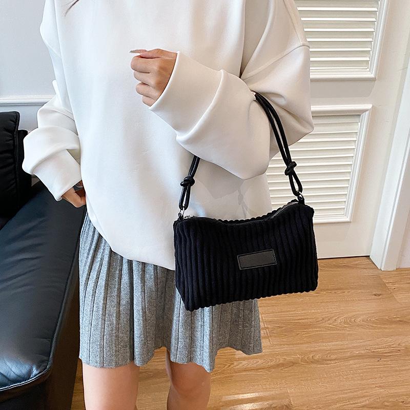 Simple Corduroy Shoulder Bags for Women Versatile Solid Color Ladies Underarm Bag Lightweight Portable Female Handbag Purse