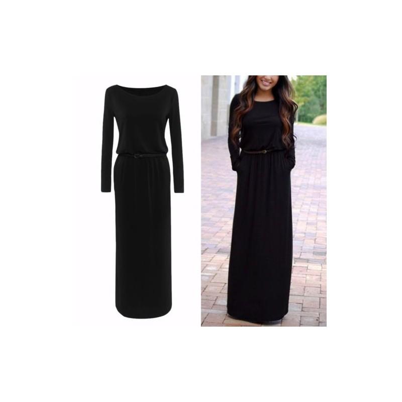 Casual Fashion Women Long Sleeve Belted Party Evening Cocktail Long Dress Maxi