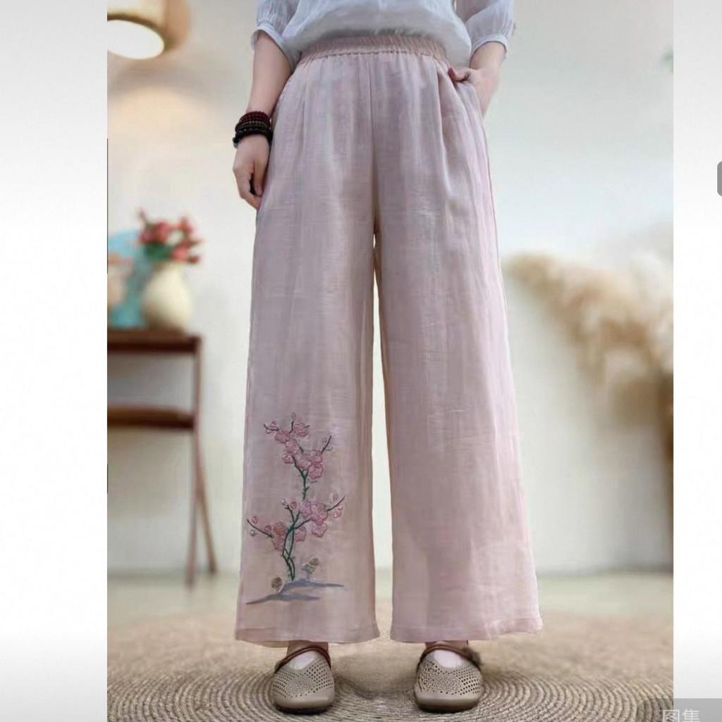 Summer National Style New Chinese Trousers Women's Elastic Embroidered Ethnic Style Embroidered Casual Trousers Retro Loose Wide-leg Trousers