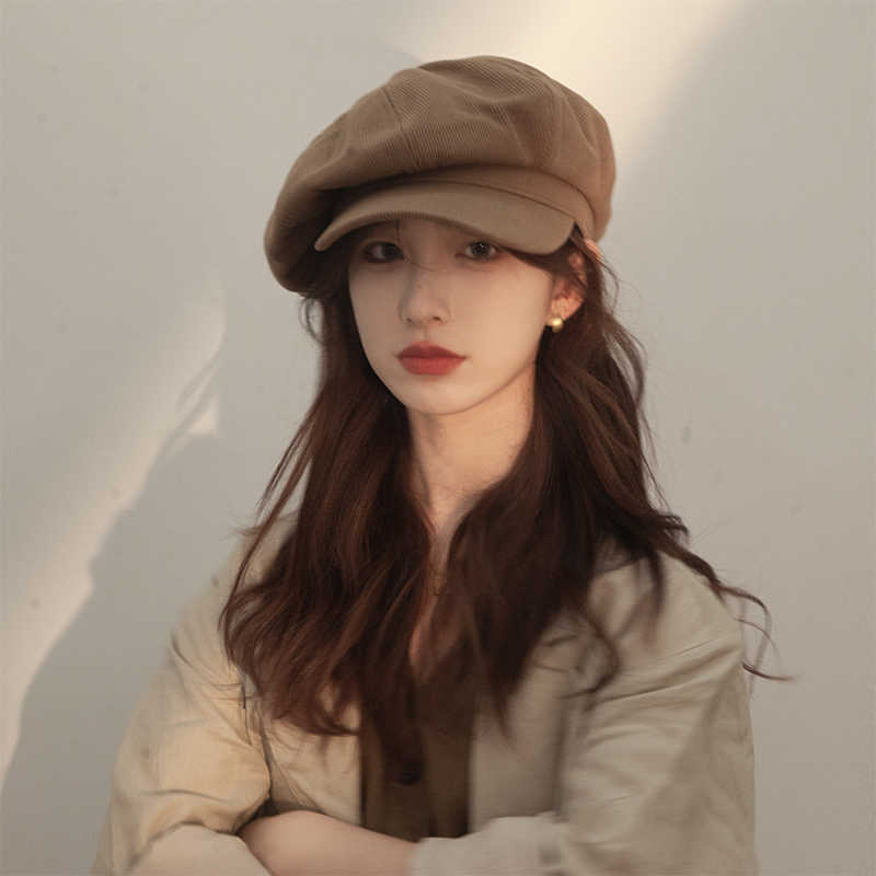 

Beret women s spring and autumn retro versatile corduroy octagonal hat big head circumference showing face small painter hat M（56-58cm） чорний
