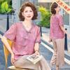 Retro Chinese Style Two-Piece Summer Outfit for Middle-Aged Women (40-60) - Short Sleeve Mother's Day Set