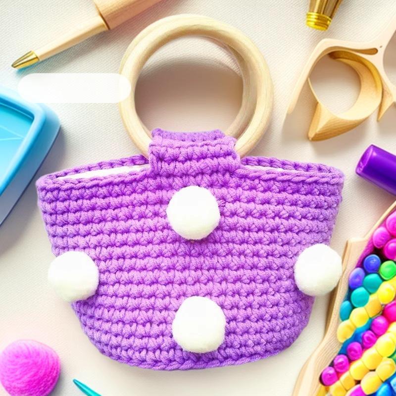 Yarn Knitting Pompom Bucket Handbag - Trendy Crochet Finished Women's Portable Bag