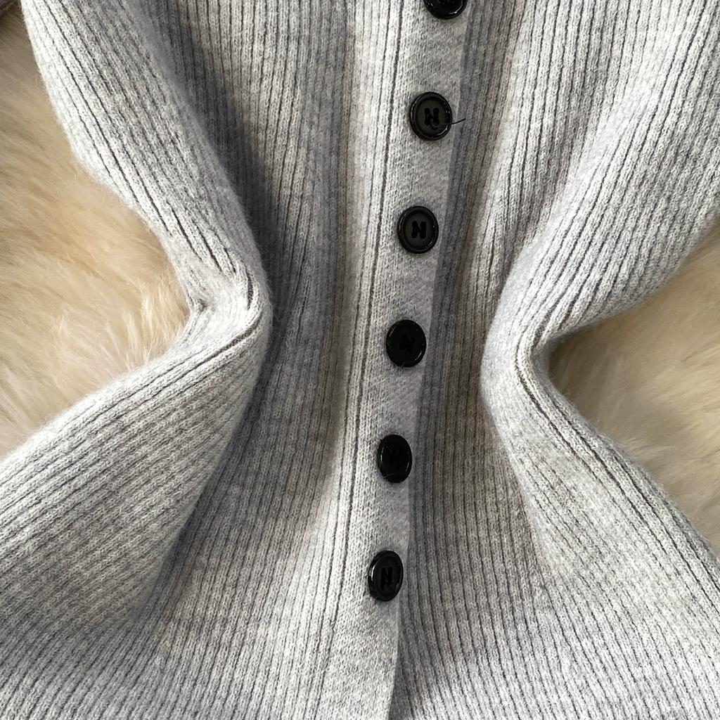 Jesień Wiosna Kobiety Elegancki Sweter Dzianinowy z Dekoltem w Serek Jednorzędowy Długie Sukienki Midi z Rozcięciem