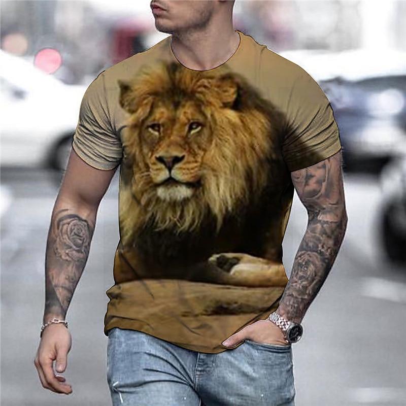 Men's Graphic Animal Lion 3D Shirt T Shirt Tee Short Sleeve T Shirt 3D Print Round Neck Shirt Vintage Rock Daily Holiday Black Yellow Brown Summer