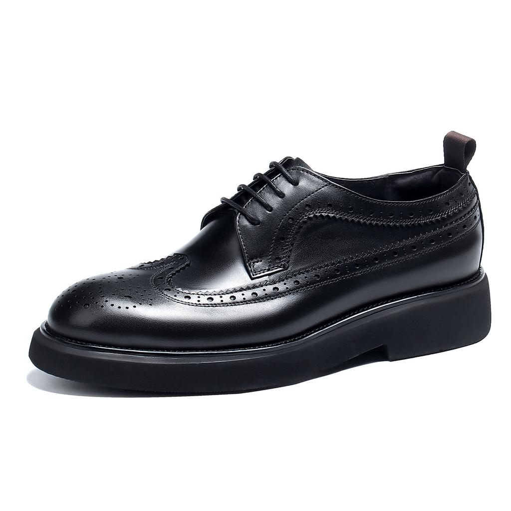 Round Head Block Men'S Leather Big Head Business Casual Shoes First Layer Cowhide Leather Shoes Thick Sole Increase