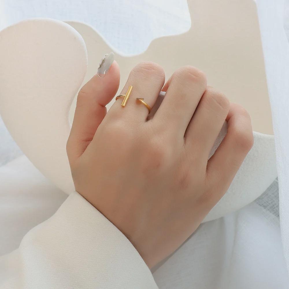 18k Gold T-shaped Open Ring: Japanese & Korean Style, Titanium Steel for Index or Pinky