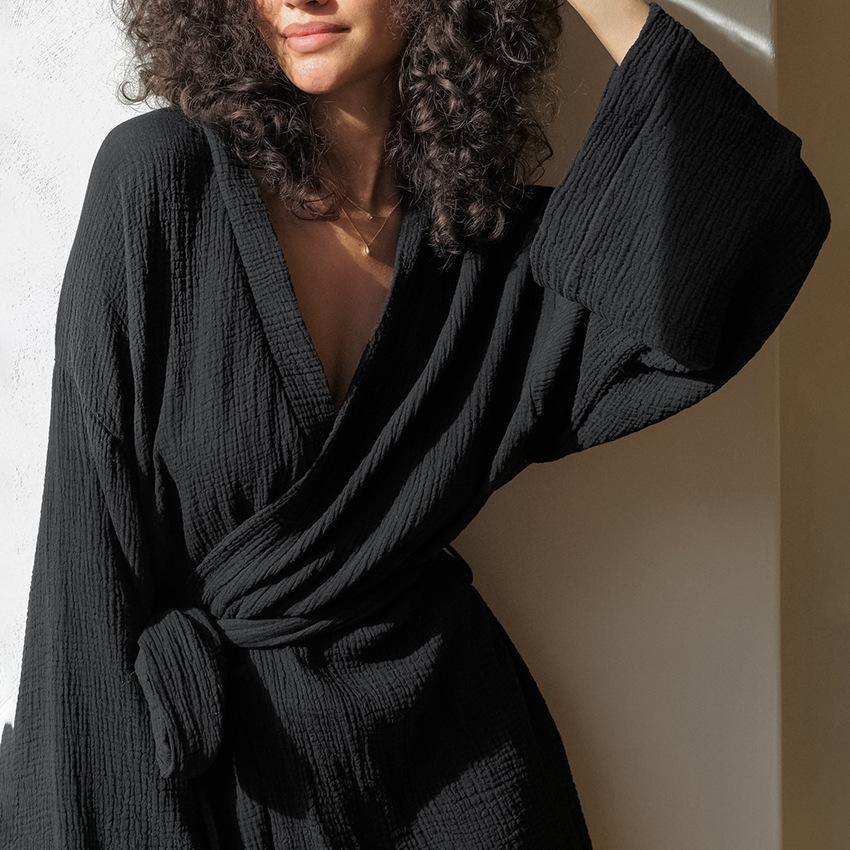 Pure Cotton Pajamas Women's Autumn New 1011 European and American Comfortable Cotton and Silk Loungewear Long-sleeved Short Nightgown Breathable