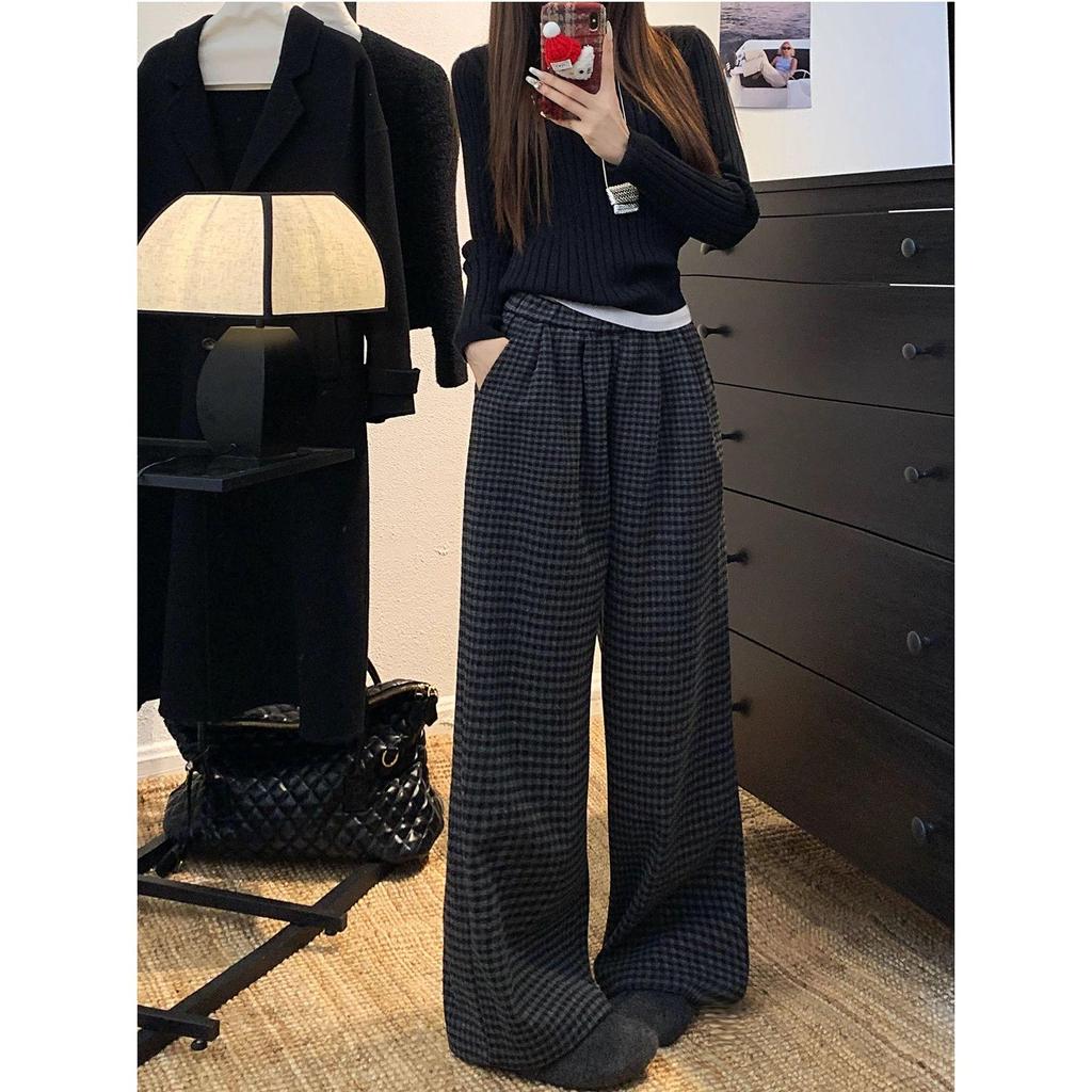 Two-Color Retro Plaid Velvet Fleece-Lined Wide-Leg Casual Pants