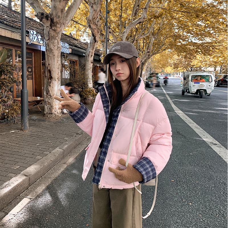Contrasting Plaid Women's Short Down Cotton-padded Jacket Loose Leisure Collar Winter New Bread Coat