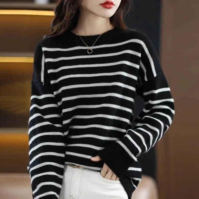 Sweater for Women Winter Stripe Pullover Warm Knitted Stretchy Long Sleeve Oversize Jumper Tops