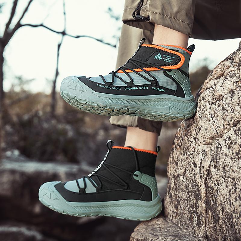 2025 Outdoor Green Walking Shoes Men Fashion High Top Casual Boots Men Platform Breathable Hiking Shoes For Men Trekking Boots