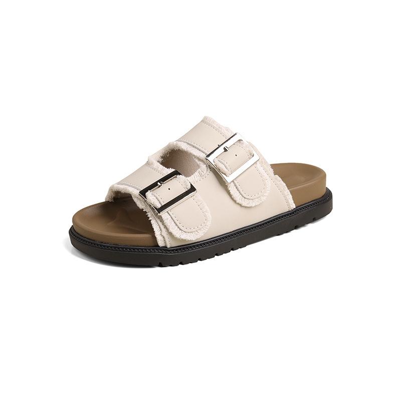 2025 spring and summer new sandals fashion one-word sandals buckle rough edge upper wear beach casual slippers women