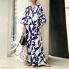 ZANZEA Women Boho Print Loose Casual Round Neck 3/4 Sleeve Long Dress