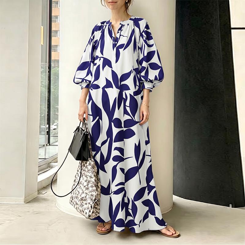 ZANZEA Women Boho Print Loose Casual Round Neck 3/4 Sleeve Long Dress