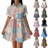 Women’s Casual Loose Fit Shirt Dress Button Front Stand Collar Short Sleeve Relaxed Tunic Dress with Geometric Print