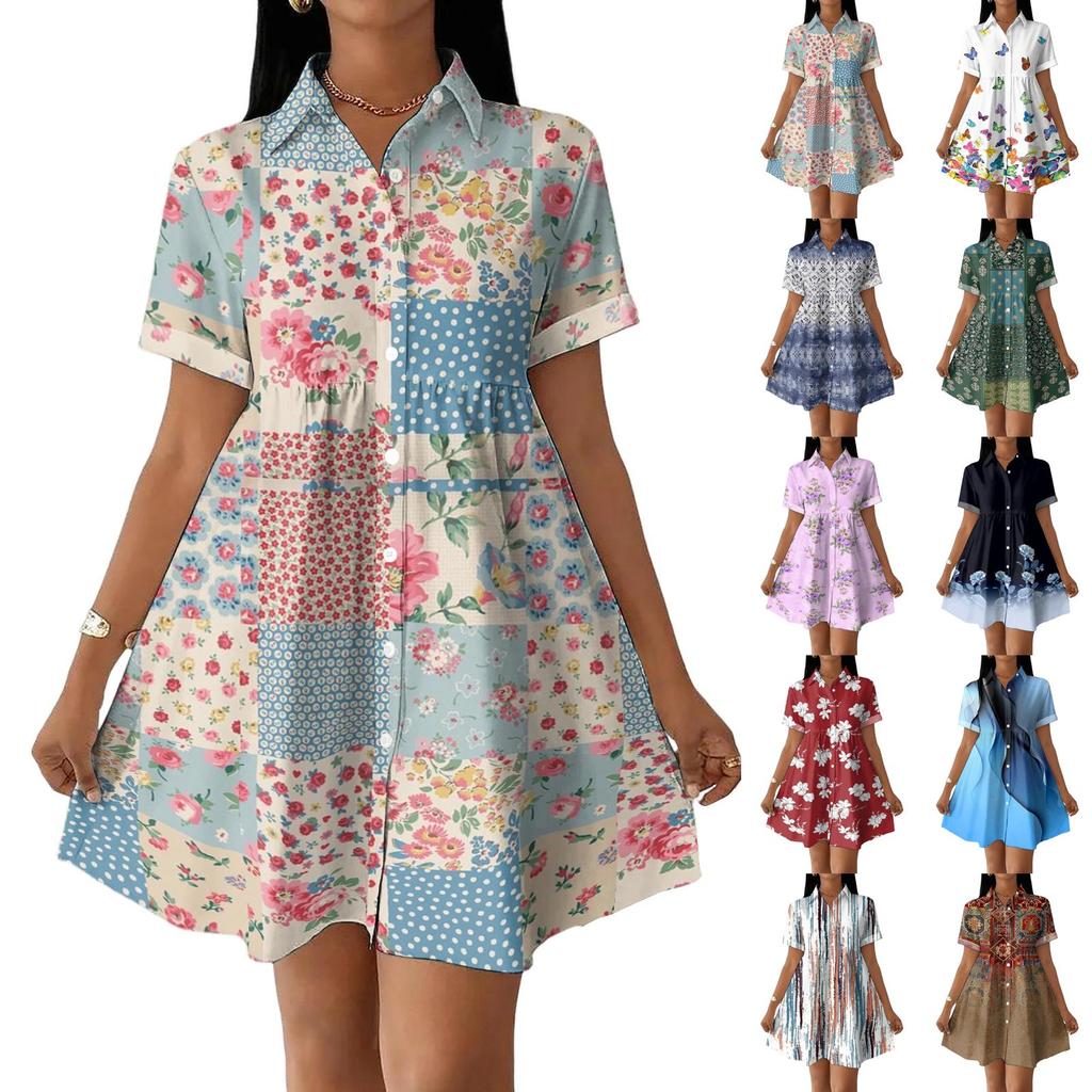 Women’s Casual Loose Fit Shirt Dress Button Front Stand Collar Short Sleeve Relaxed Tunic Dress with Geometric Print