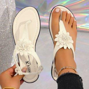 Flat Heel Sandals Women's Summer New European and American Foreign Trade One Line Buckle with Flip Toe Herringbone Beach Large Size Sandals