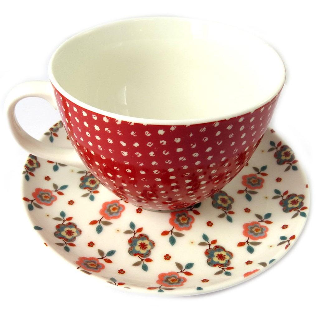 Les Trésors De Lily [N8497] - Cup + Saucer 'Vintage Design' Red Beige Liberty - Cup 11x7 Cm