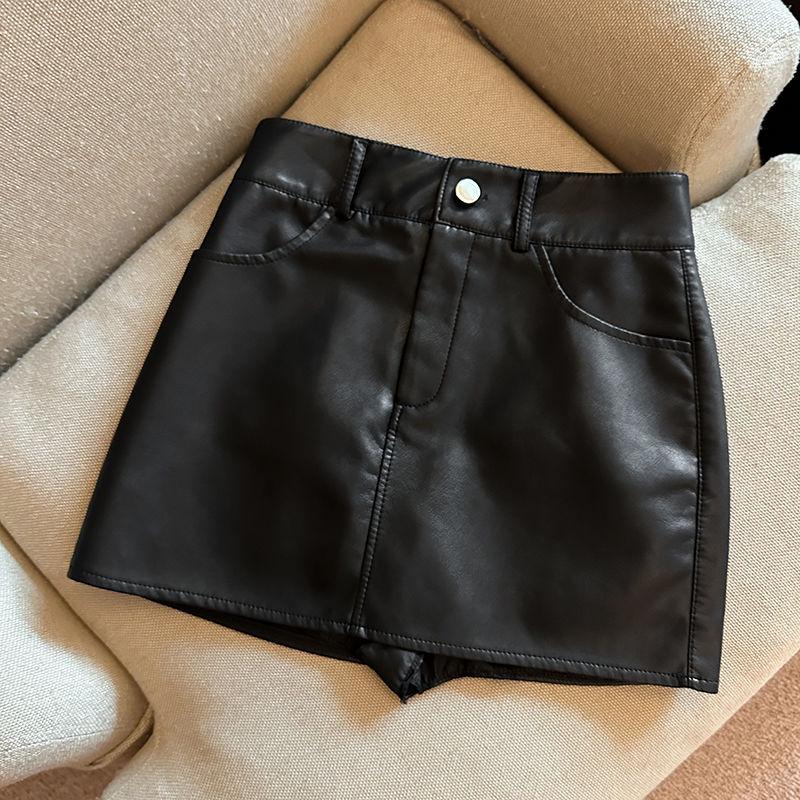 2026 Autumn Spicy Girl Coffee A-Line Leather Print Skirt - Plus Size, Slimming Fit, Short Length for Women Medium