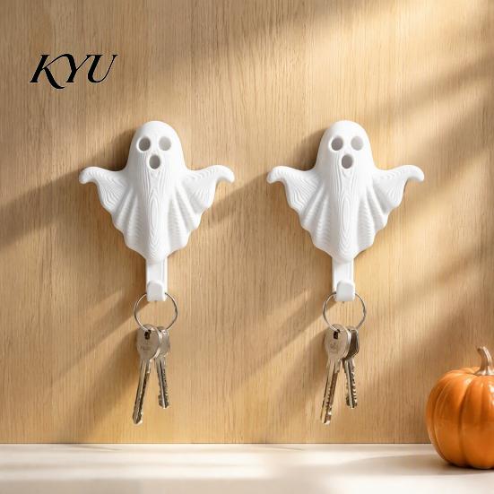 Space Saving Organizer 2Pcs 3D Printed Halloween Ghost Wall Hook, Decorative White Hanger for Home Decor Hats Towels Keys, Creative Storage